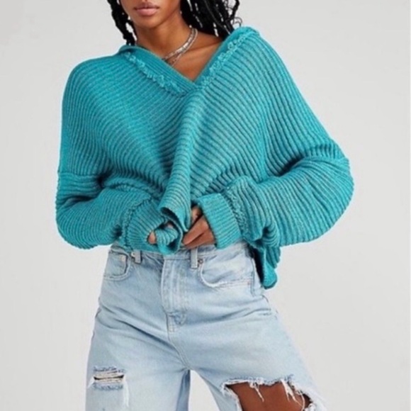 Free People Sweaters - Free People Marlie Pullover V Neck Ribbed Knit Sweater Blue Green Oversized S